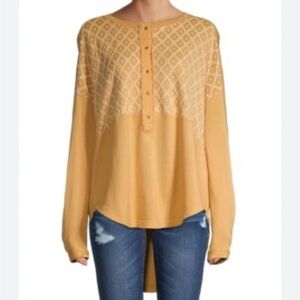 Free People Free Spirit Henley Top Embroidered Hi Low Button Oversized Tunic Xl